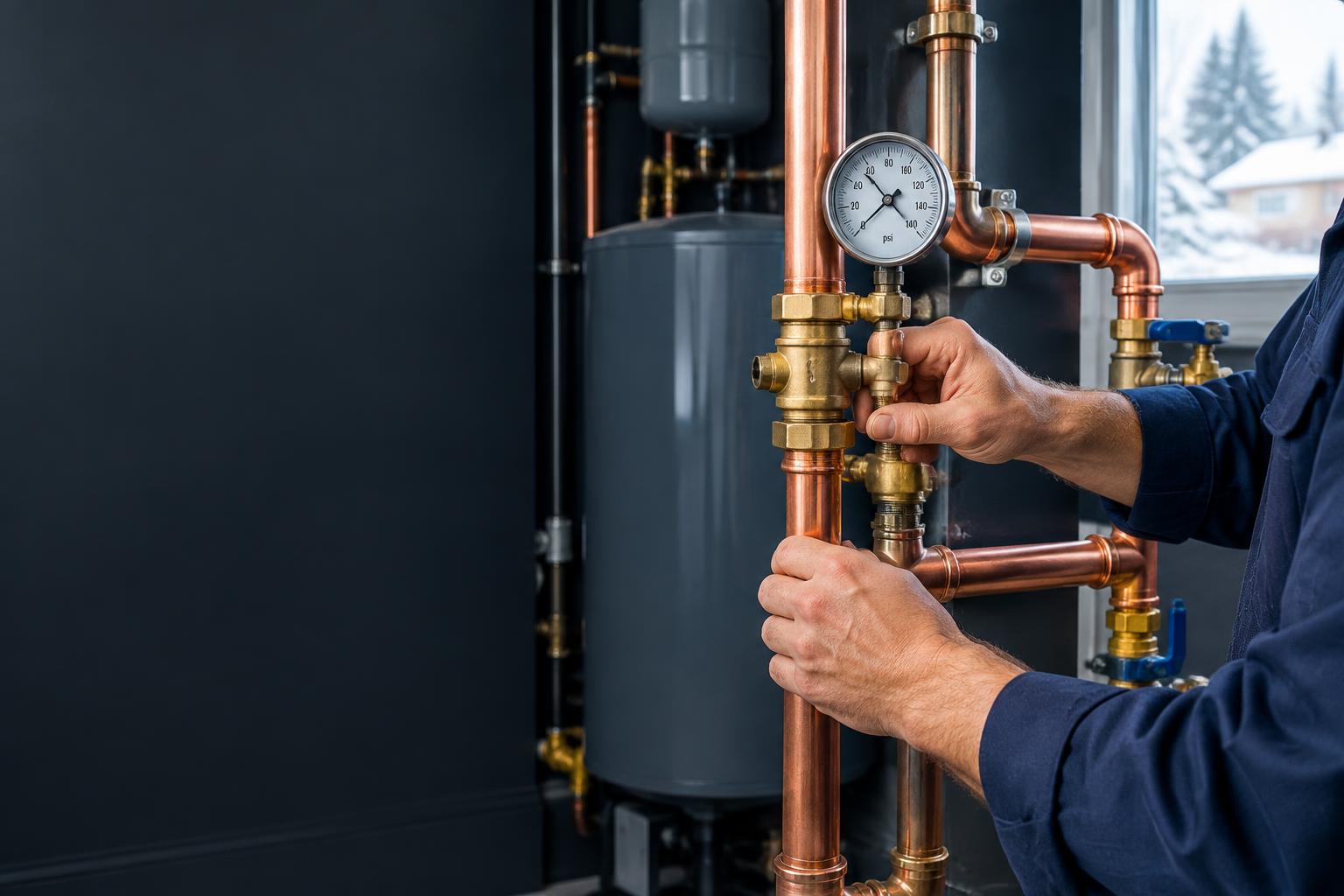 Plumber working on copper pipework and a pressure gauge